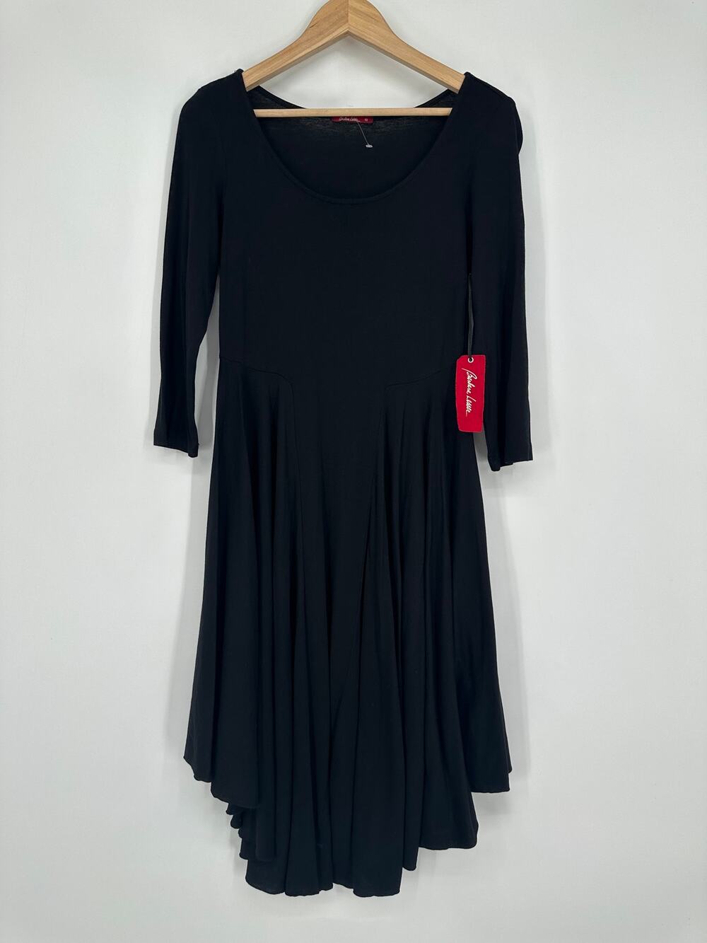 Barbara Lesser Midi Dress 3/4 Sleeve Scoop Neck 90's Style Black NWT